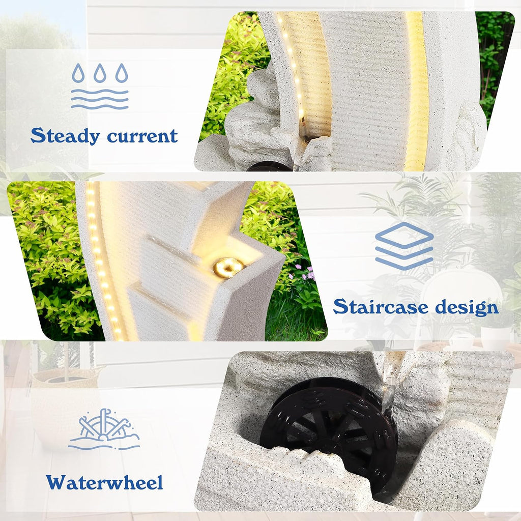 Garden Water Fountain Outdoor, Waterfalls Fountains with LED Light | Cascading Rock Freestanding Water Feature Indoor