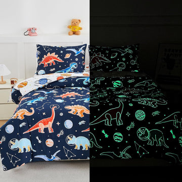 5pc Glow in The Dark Kids Comforter Set,Dinosaur Galaxy Printed, Space Bedding Set Twin for Boys Girls Teen
