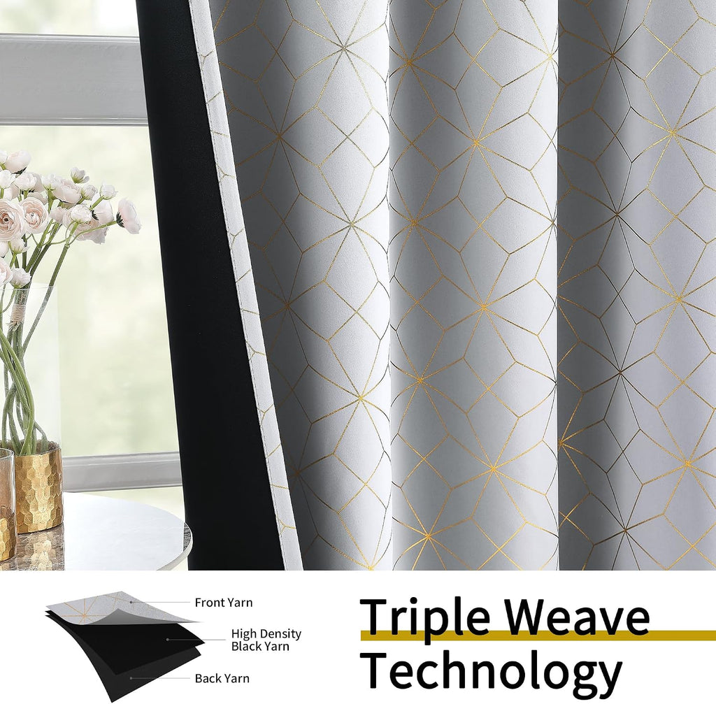 100% Blackout Curtains 84 Inches Long for Bedroom Living Room Moroccan Gold Patterned Drapes Thermal Insulated