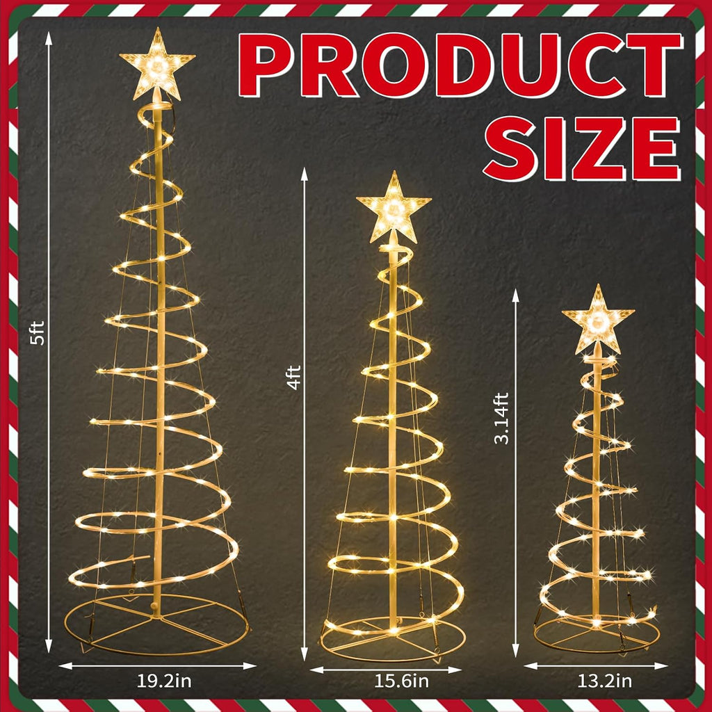Set of 3 Christmas Spiral Tree Lights, 3/4/5 FT Holiday Decor, Warm White
