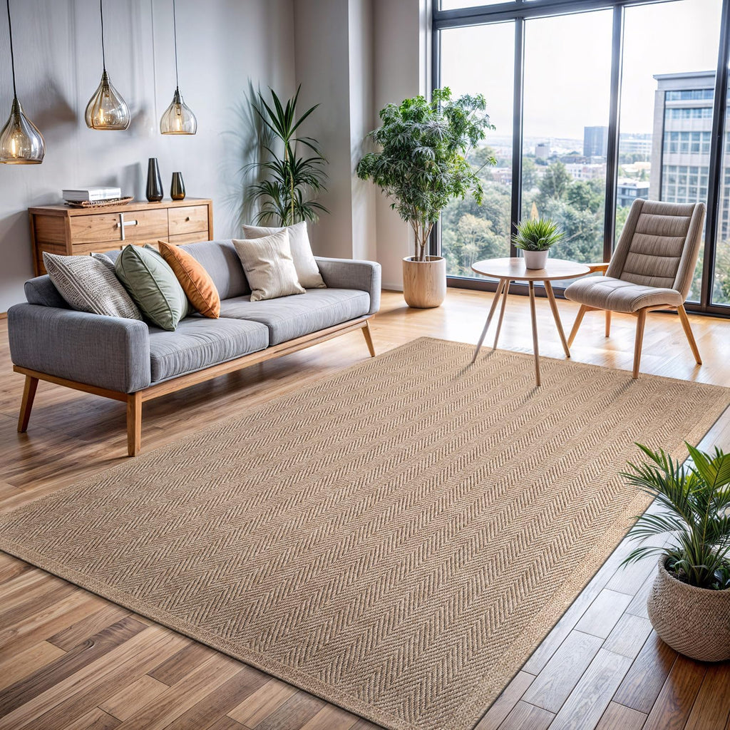 Easy Jute Rug 8x10, Indoor Outdoor Natural Color Fiber Area Rugs Rug Herringbone Seagrass Boho Woven Design