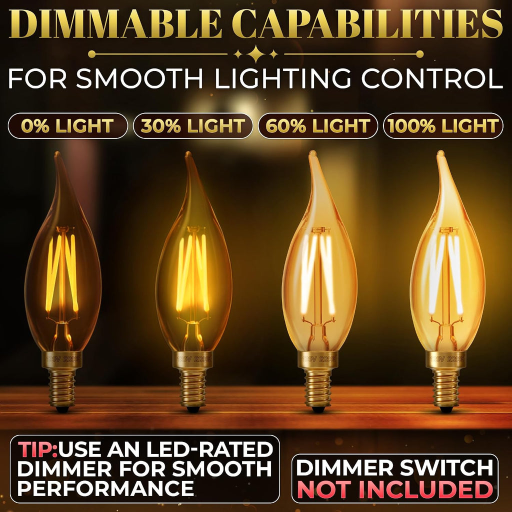 E12 Amber Light Bulbs 40 Watt Equivalent, 6 Pack, 4W 2200K for Candelabra