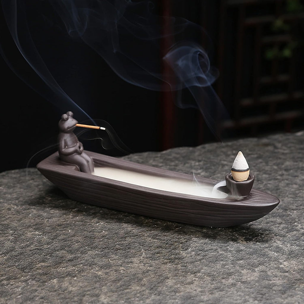Frog Incense Holder Waterfall - Ceramic Cone Backflow Incense Burner Smoke Fountain, Back Flowing Incense Diffuser - Set of 54