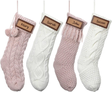 Personalized Knitted Christmas Stockings with Leather Name 18 inch Bulk Family Large Size Knit Xmas Hanging - Set of 4