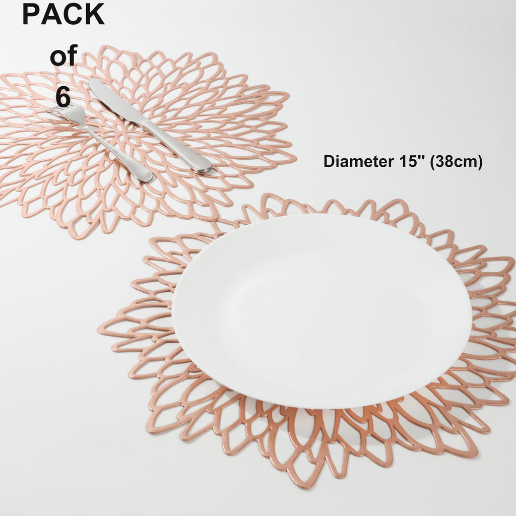 6 Pack Rose Gold Placemats Metallic Pressed Vinyl for Mother's Day Table Decoration Dinning Mats Round Floral Charger