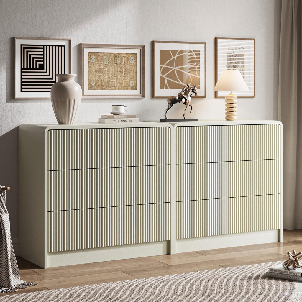 31.5" Wide Modern Curved 3 Drawer Dresser, Beige