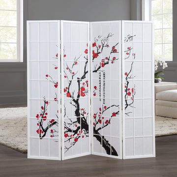 White Japanese 4-Panel Screen Room Divider, Plum Blossom