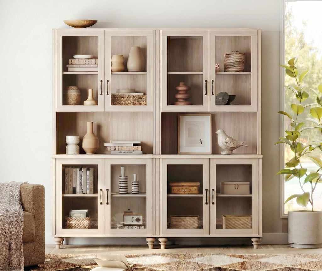 Set of 2 Light Oak Bookcase with Glass Doors, Large Farmhouse Display Book Shelf with Bar Cabinets, 72'' Tall Book
