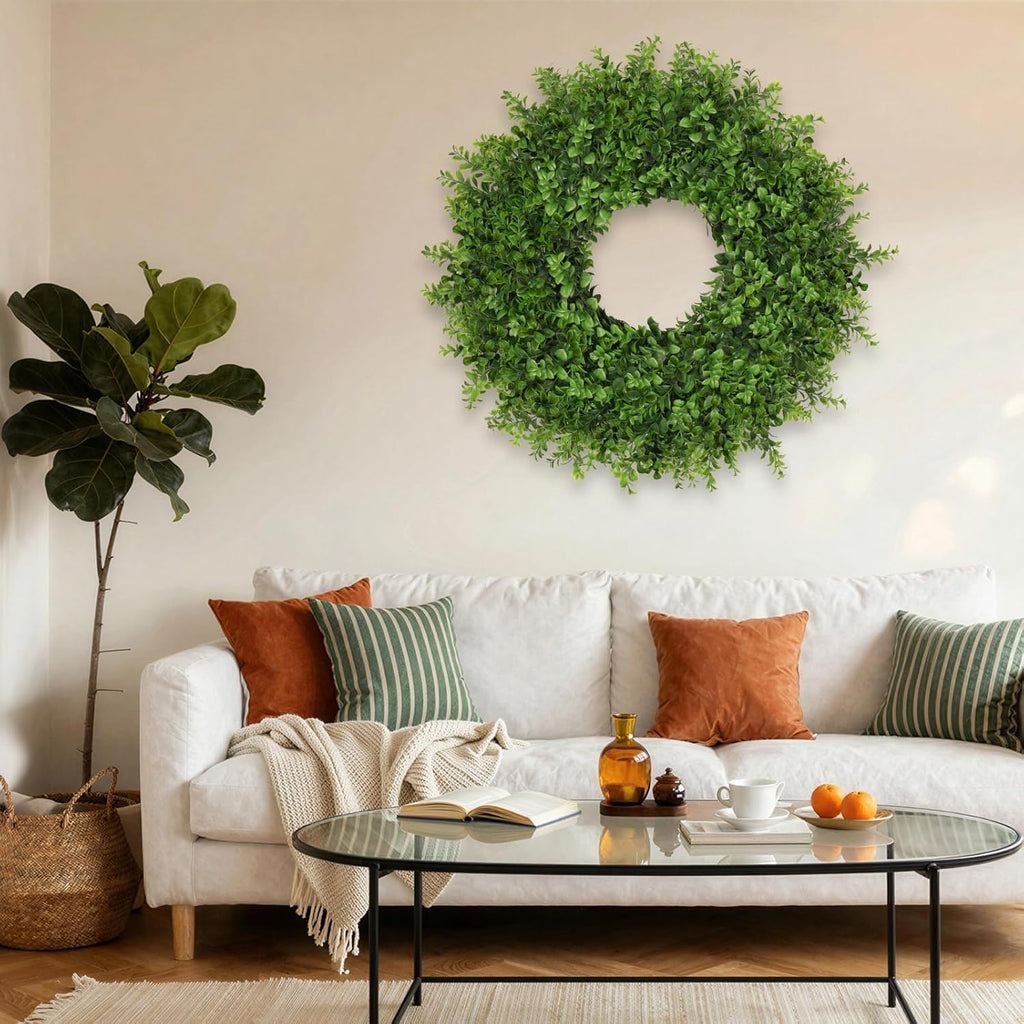 26 Inch Large Boxwoods Wreaths for Front Door Artificial Green Leaves Greenery Indoor Outdoor Wreath Home Decor Porch