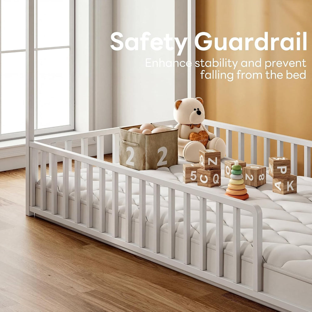 Floor Bed with Fence Guardrails, Metal House Bed, White