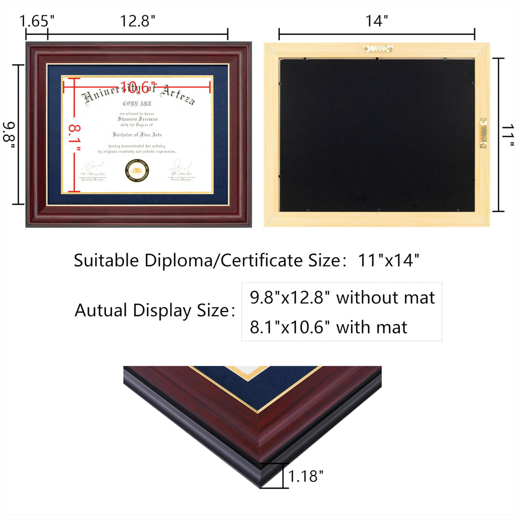 11x14 Diploma Frame, Dark Red, Blue Mat for 8.5x11