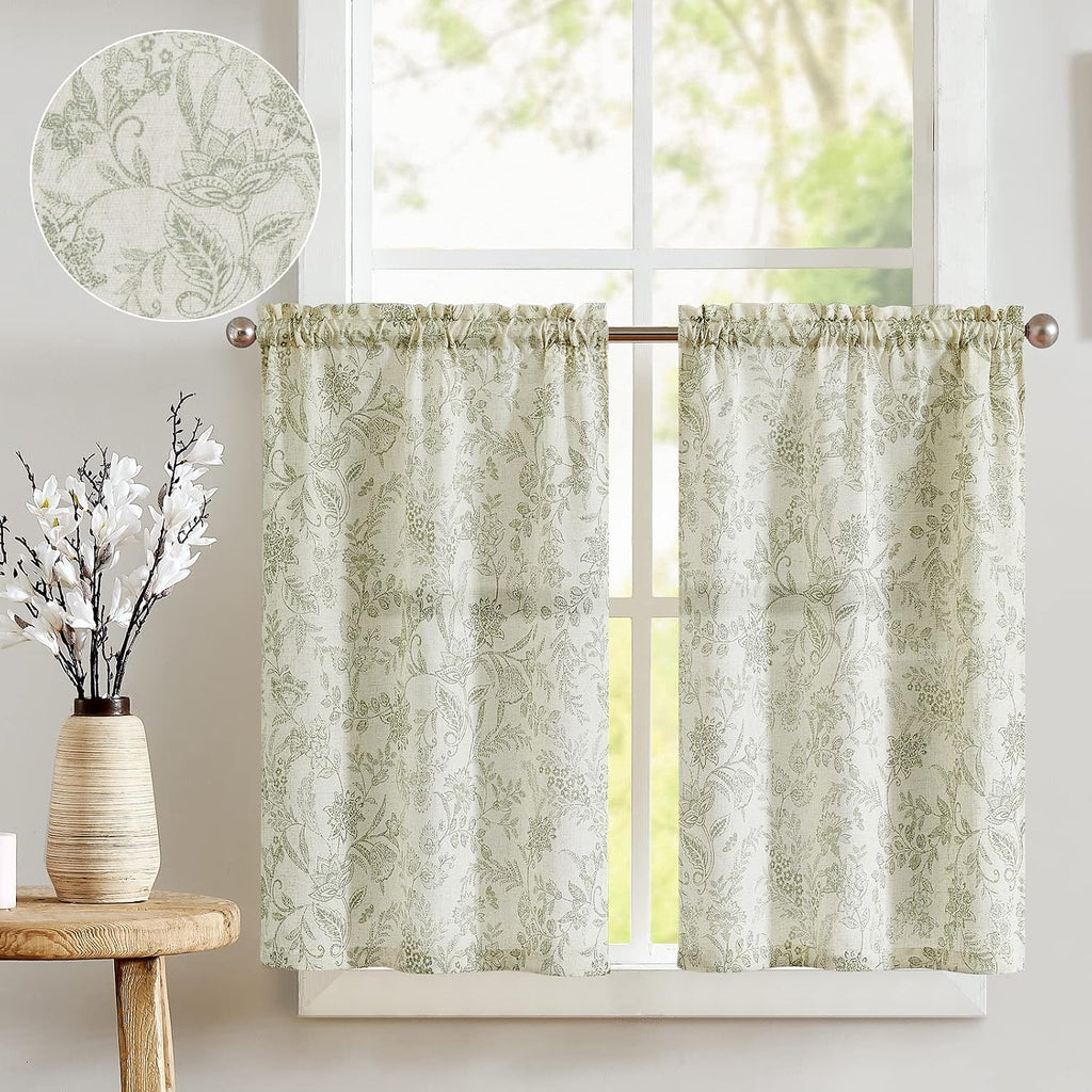 Floral Kitchen Curtains 36 Inch Long 2 Panels Sage Green on Beige | Linen Blend Fabric,Rod Pocket,Light Filtering