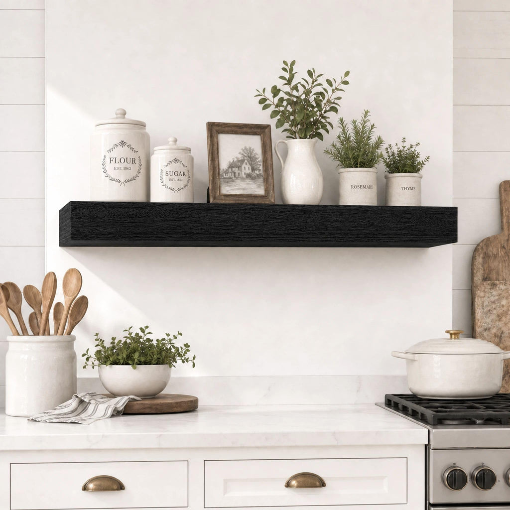 Fireplace Mantel Shelves 60 Inch Solid Wood Wall Mounted Long Floating Shelf Hollow, Black