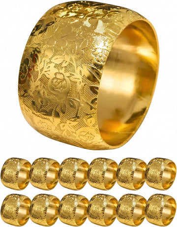 Gold Napkin Rings,Gold Metal Napkin Holder for Table,Embossed Floral Pattern,Metal Serviette Rings - Set of 12