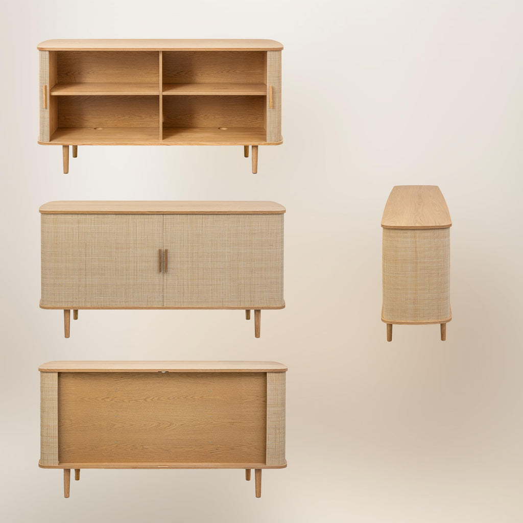 60'' Rattan Buffet Cabinet with Sliding Doors, Adjustable Shelves & Storage - Coastal Rattan Sideboard, Oak Wood