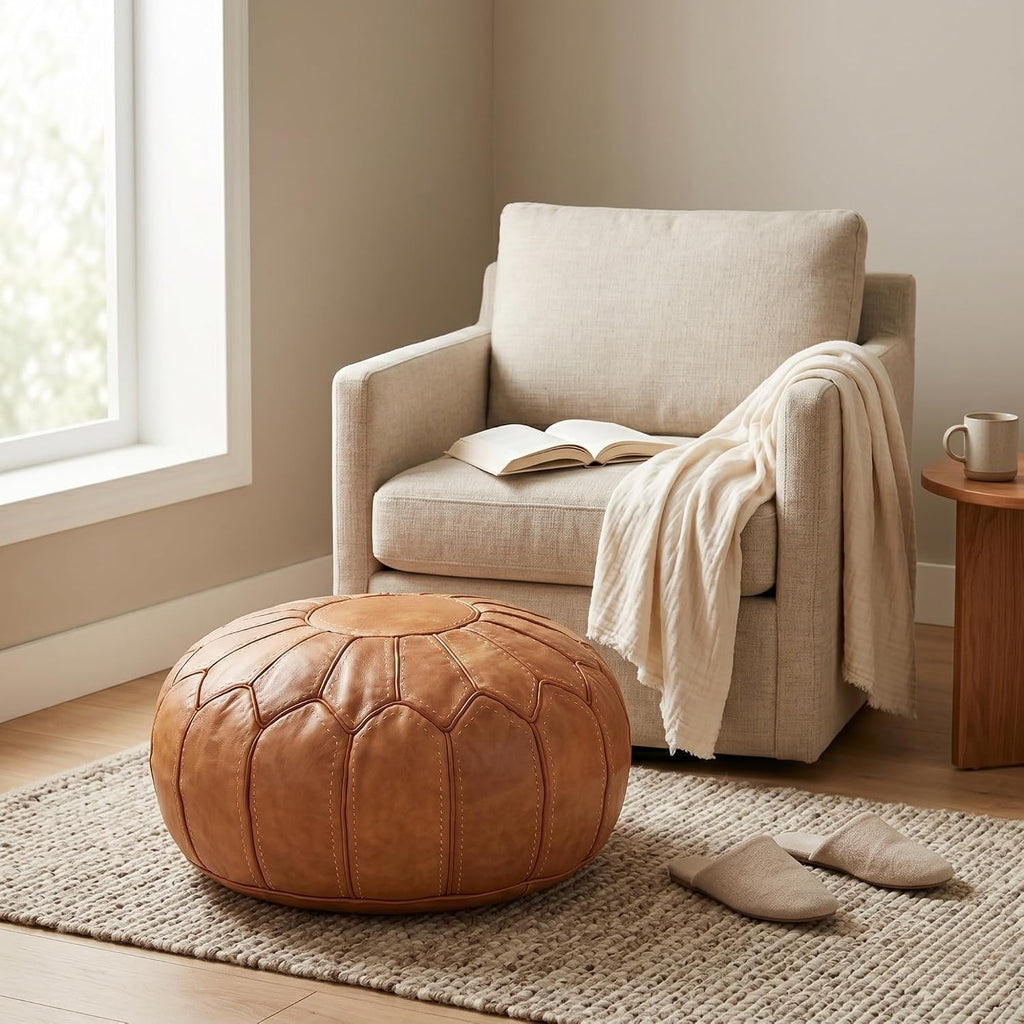 Leather Pouf Ottoman - Round Genuine Leather Footstool, Hand-Stitched Unstuffed Pouf Cover (Cognac Brown)