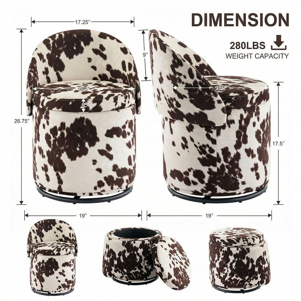 Modern Round Swivel Vanity Storage Stool with Foldable Backrest, Linen Upholstered Ottoman with Removable Lid