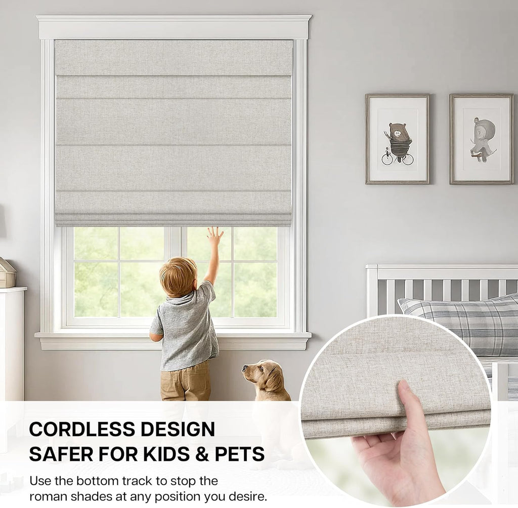 No Drill Roman Shades, Blackout, 28" W x 64" H, Beige | Cordless Blackout Window Shades with UV Protection, Polyester