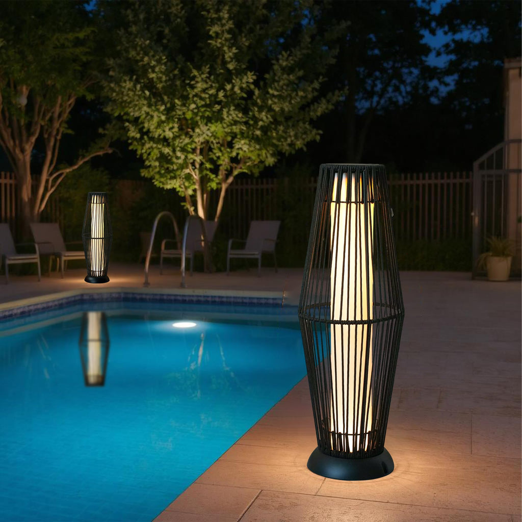 Outdoor Floor Lamp 2 Piece Solar Powered Lantern Wicker Solar Patio Lamp with Olifen Rope Waterproof Rattan Outside