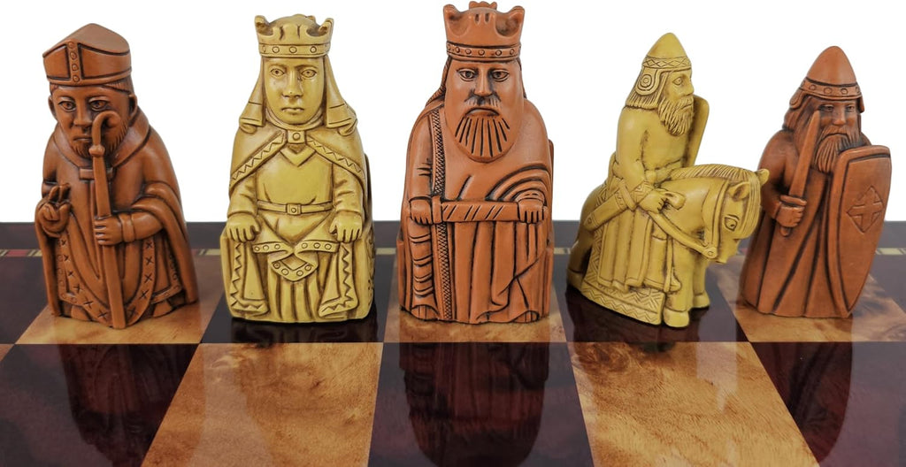Large Rust and Antique White Isle of Lewis Medieval Times Chess Men Set with 3 1/4 inch King and 18 inch Cherry Color