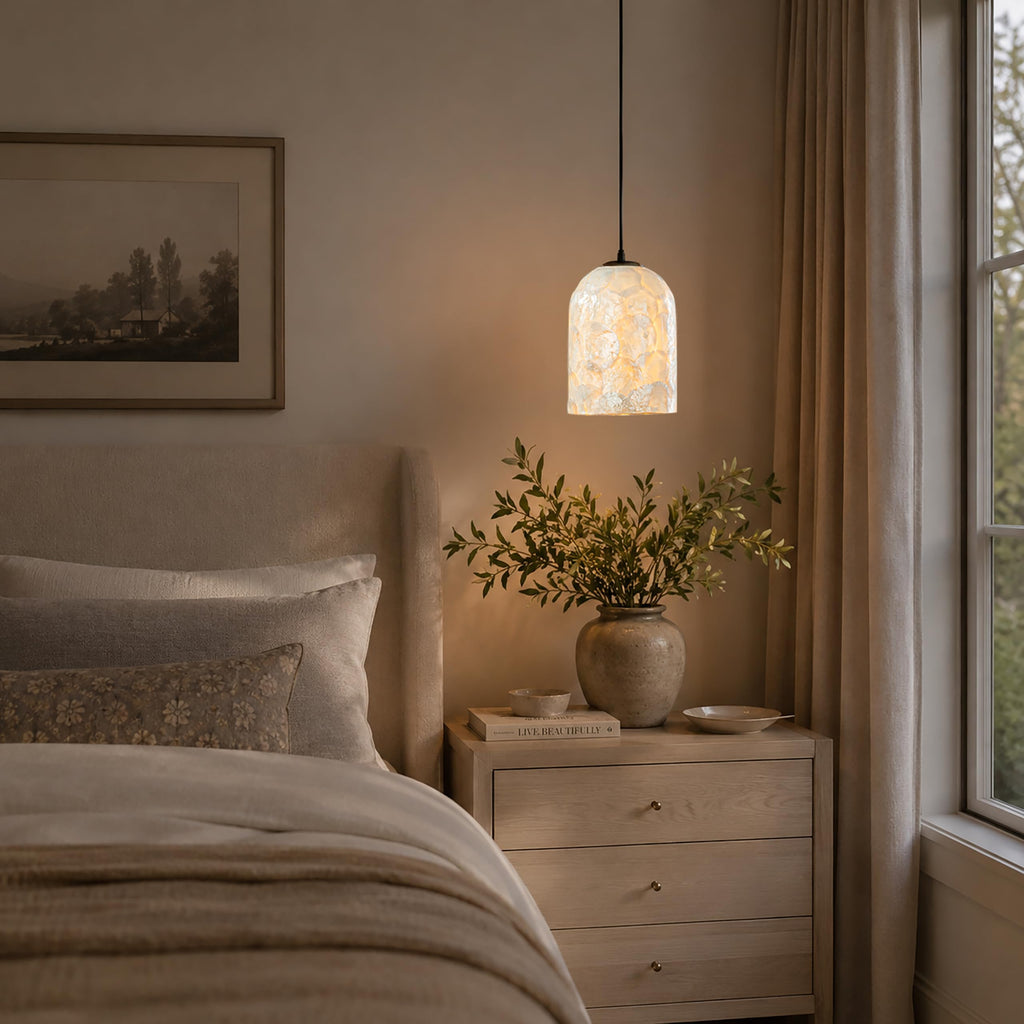 1 Light W7 in Small Coastal Capiz Shell Pendant Light Modern Farmhouse Cylinder Hanging Light Whit Natural White