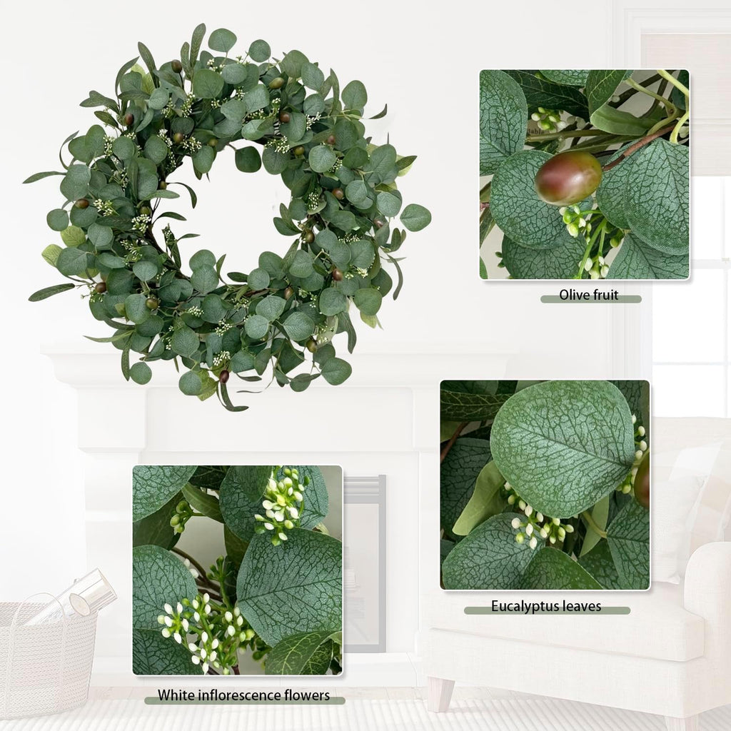 24 Inch Eucalyptus Wreath for Front Door, Large Artificial Greenery Wreaths with Olive Leaves and Berries, Farmhouse