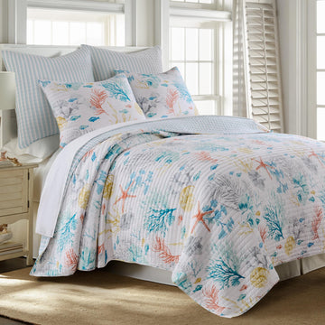 Whimsical Sea Quilt Set - Quilt and Two Standard Shams - Coastal - Blue Teal Yellow Orange Grey White