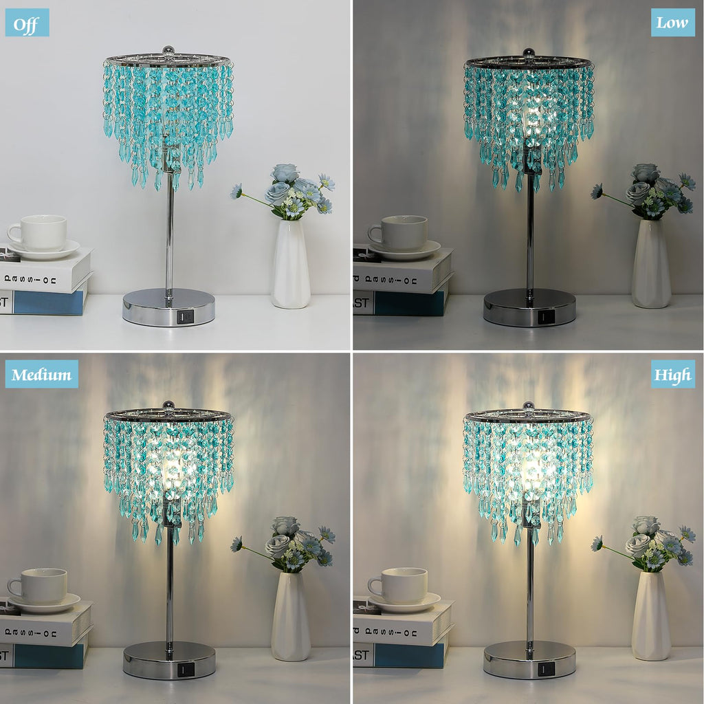 Touch Control Crystal Table Lamp, 3-Way Dimmable Lamp with USB A+C Ports