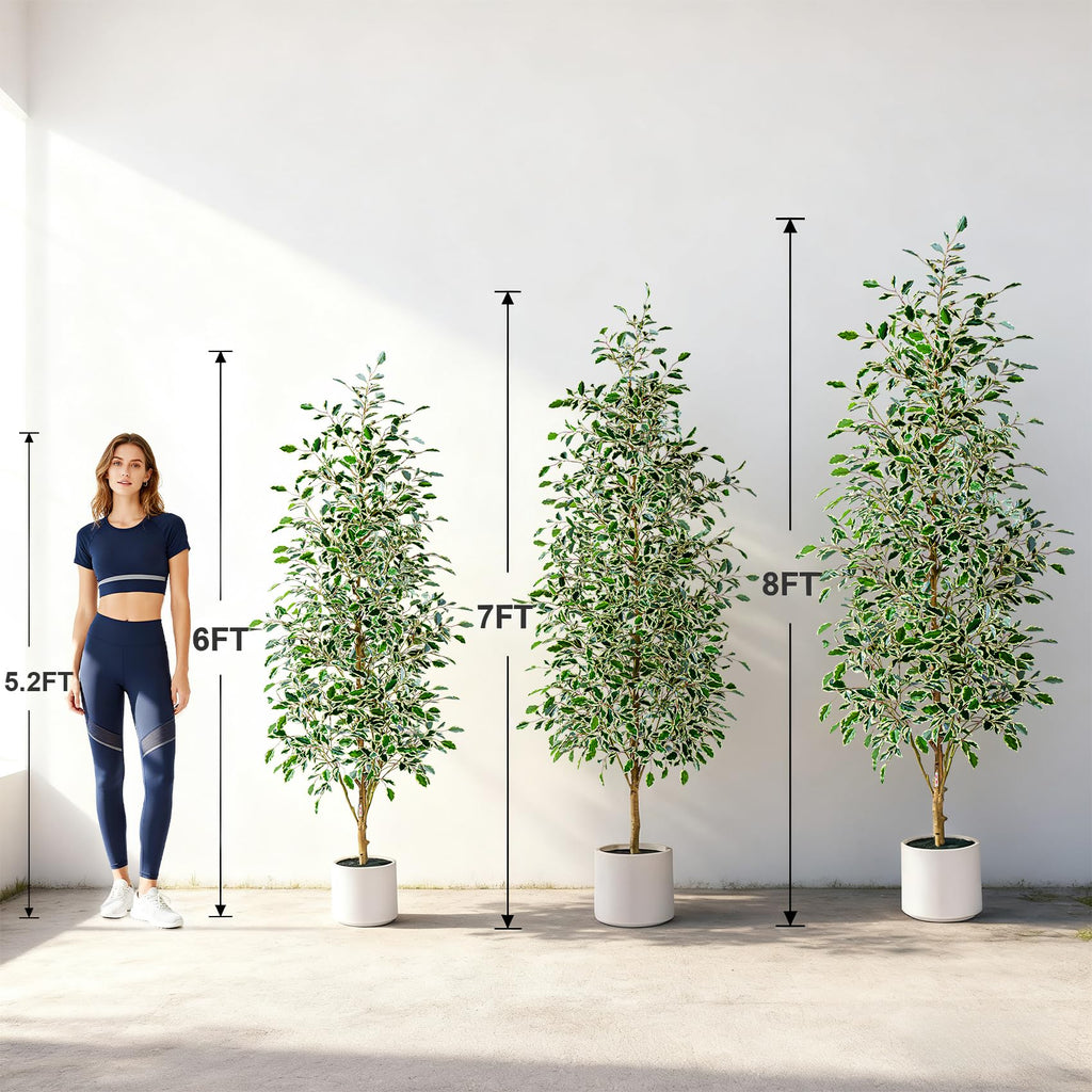 8FT Artificial Ficus Trees Indoor Faux Trees Indoor Fake Floor Plants Tall Artificial Tree with White Pot Faux Tree