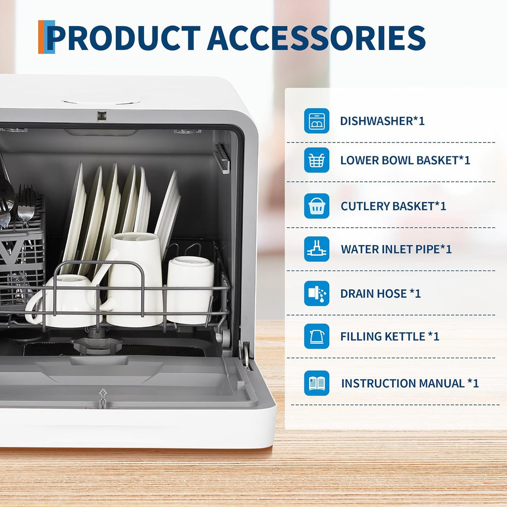 Portable Dishwasher Countertop with Large LED Display - No Plumbing Needed, 5 L Built-In Tank & Faucet Dual Inlet