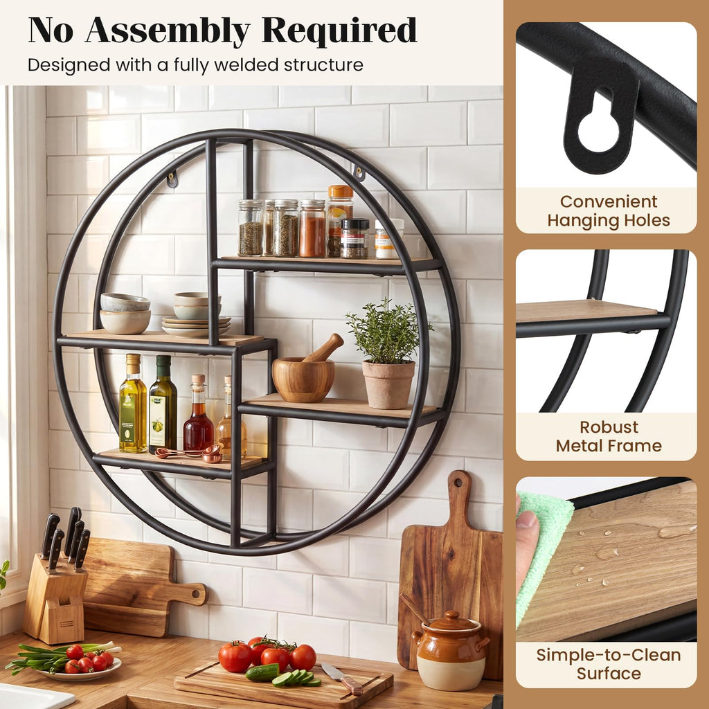 Industrial Style Round Wall Shelf with 4-Tier Storage Shelves