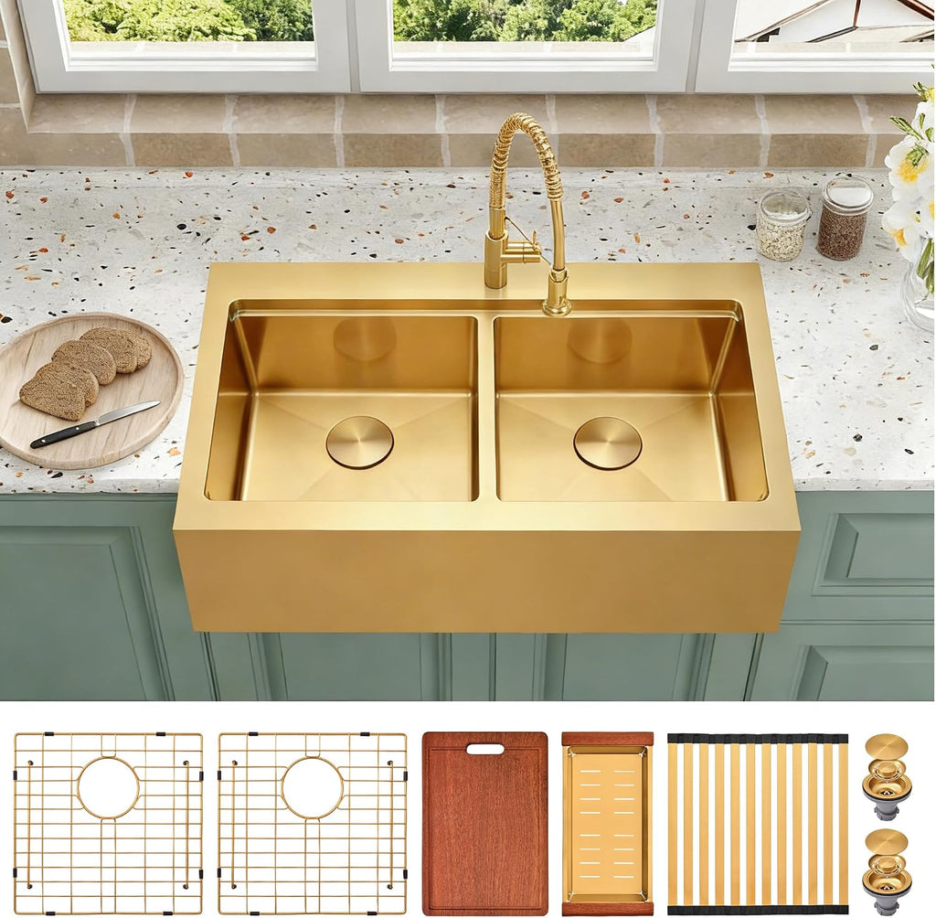 Gold Double Bowls Kitchen Sink, 33" x 22" Drop Sink, 50/50 Double Bowls Farm Sink, 16 Gauge Stainless Steel