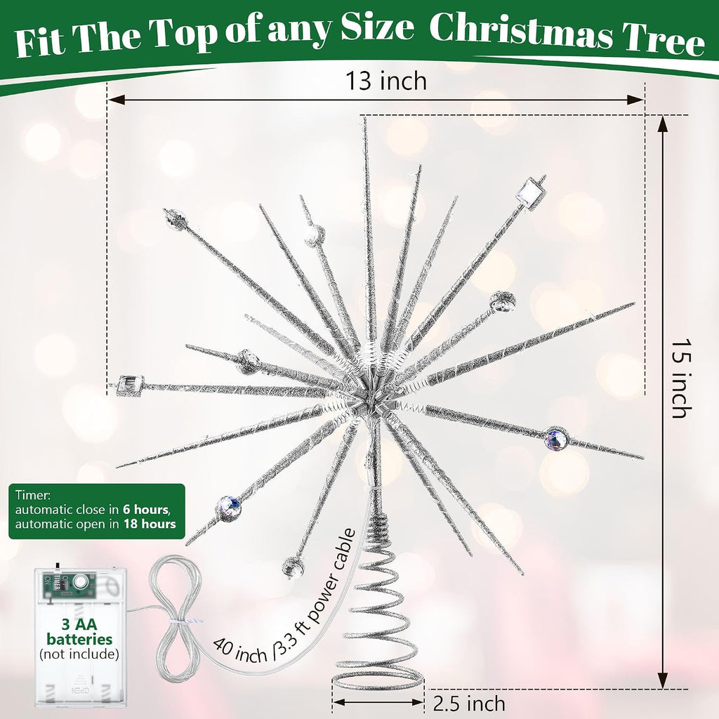 Christmas Tree Topper, with Crystal, Battery Operated, Silver