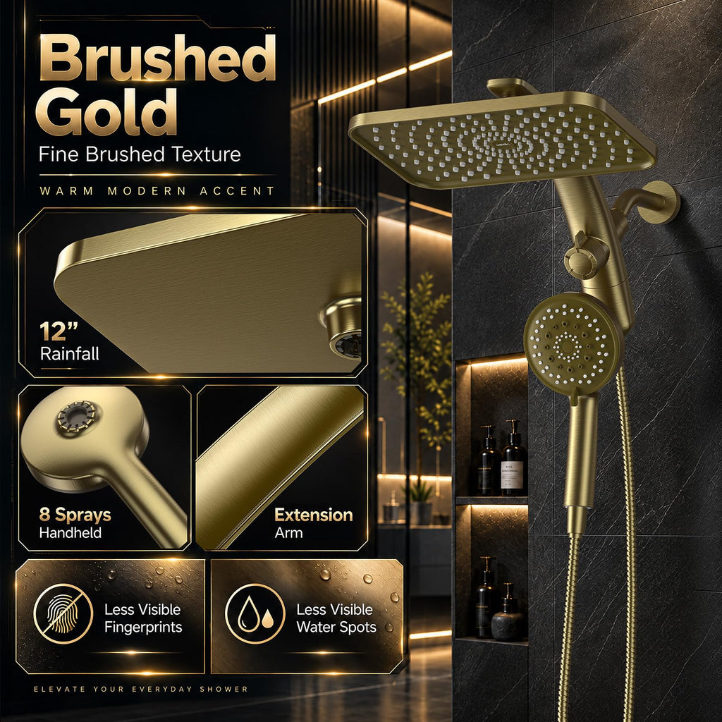 12" Brushed Gold Shower Head with Handheld, High Pressure Power Wash