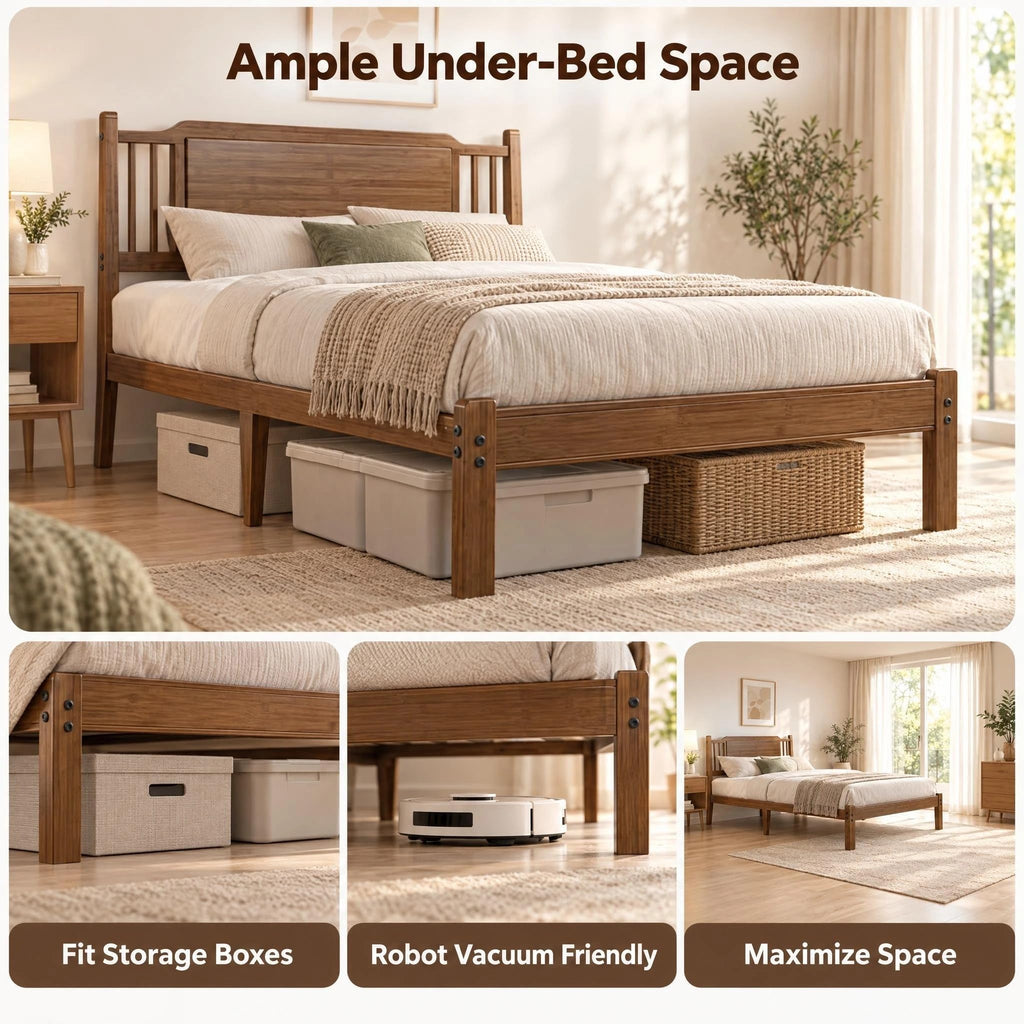 Twin XL 14" Solid Bamboo Wood Bed Frames with Headboard, Brown