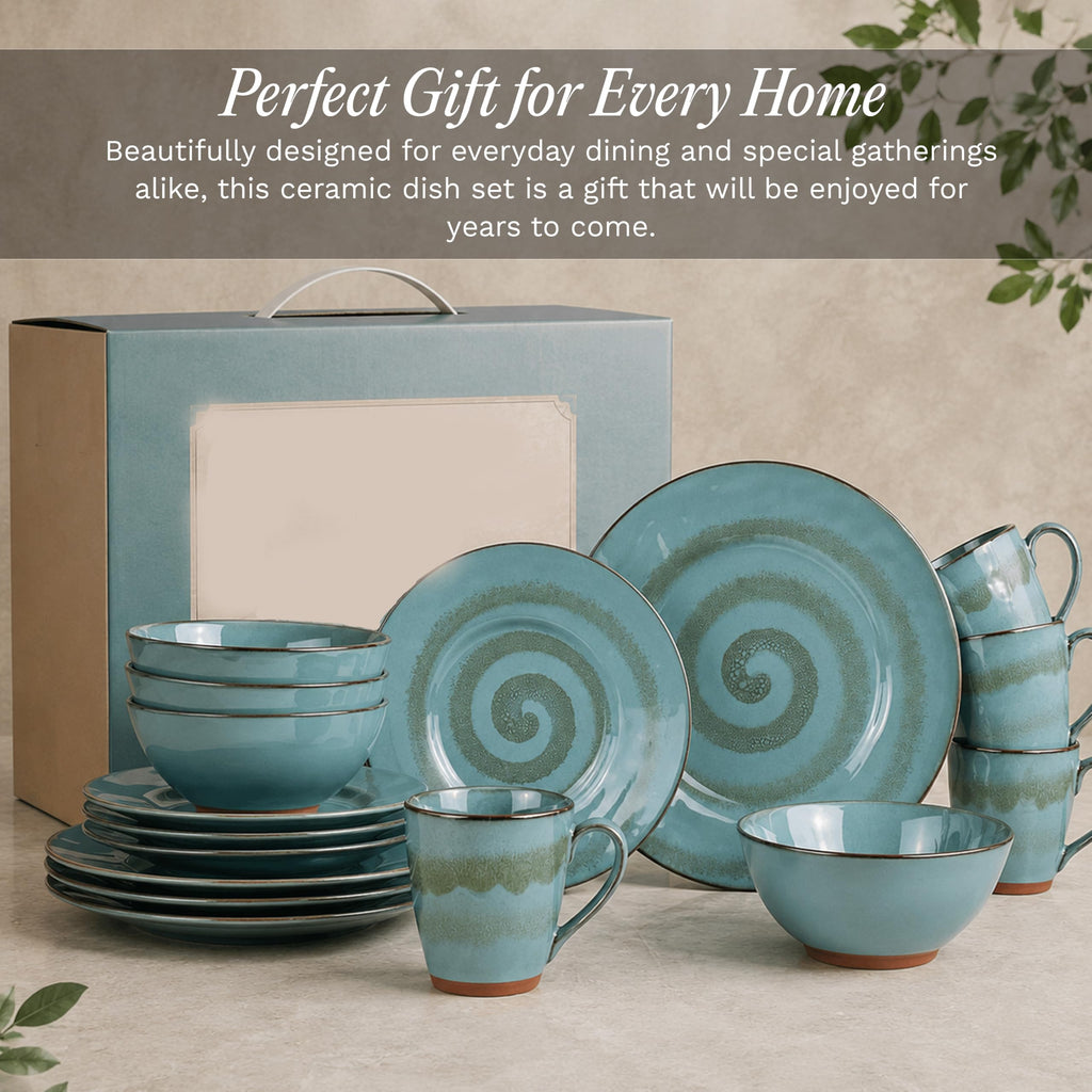16-Piece Stoneware Dinnerware Set for 4, Glossy Blue & Green Coffee Mugs, Plates and Bowls Sets with Reactive Glaze