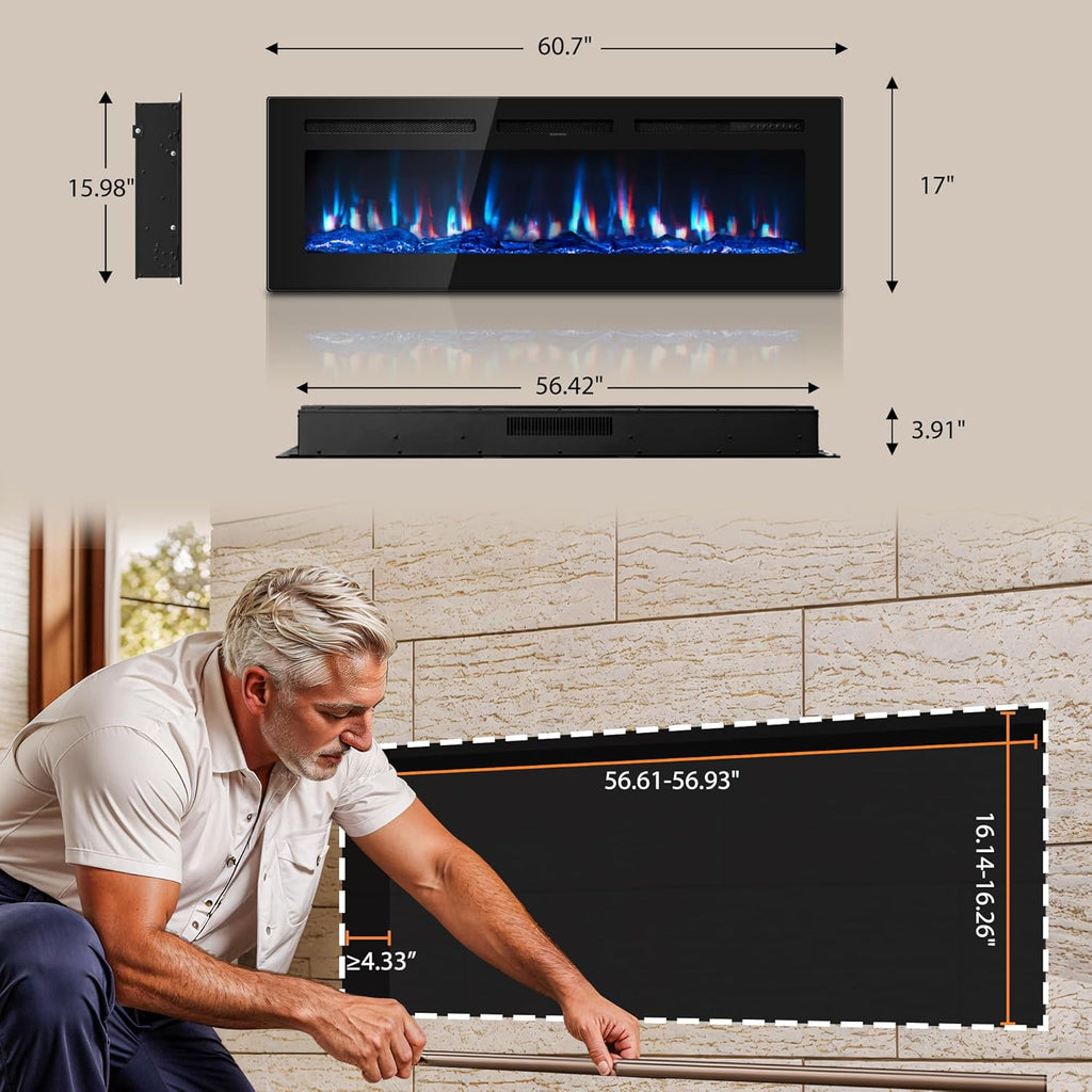 60 inch Electric Fireplace in-Wall Recessed 2026 Upgrade Wall Mounted Fireplace with Remote Control