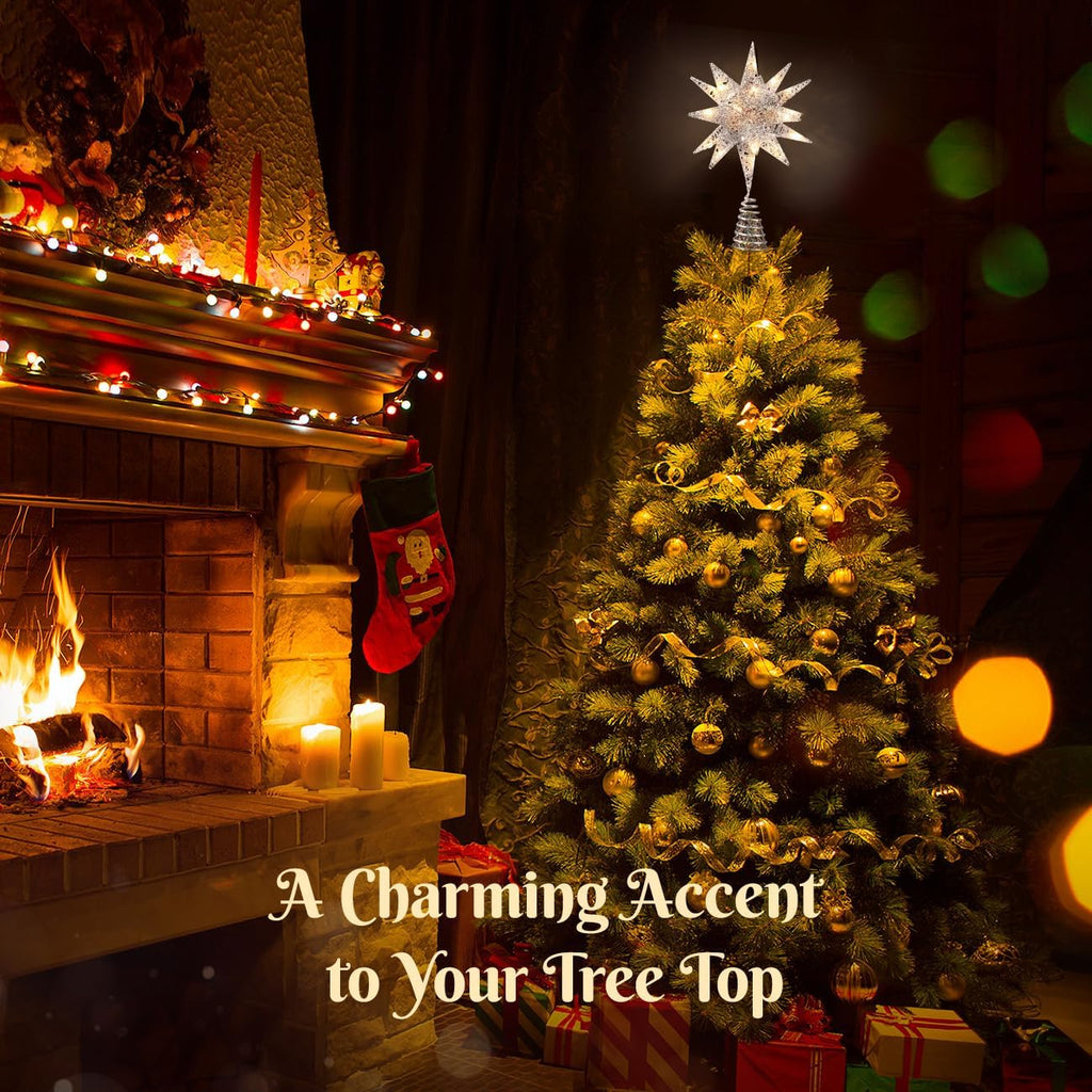 Christmas Tree Topper, 3D Starburst Lighted Tree Topper, Plug in Christmas Star with Timer, Light Up Xmas