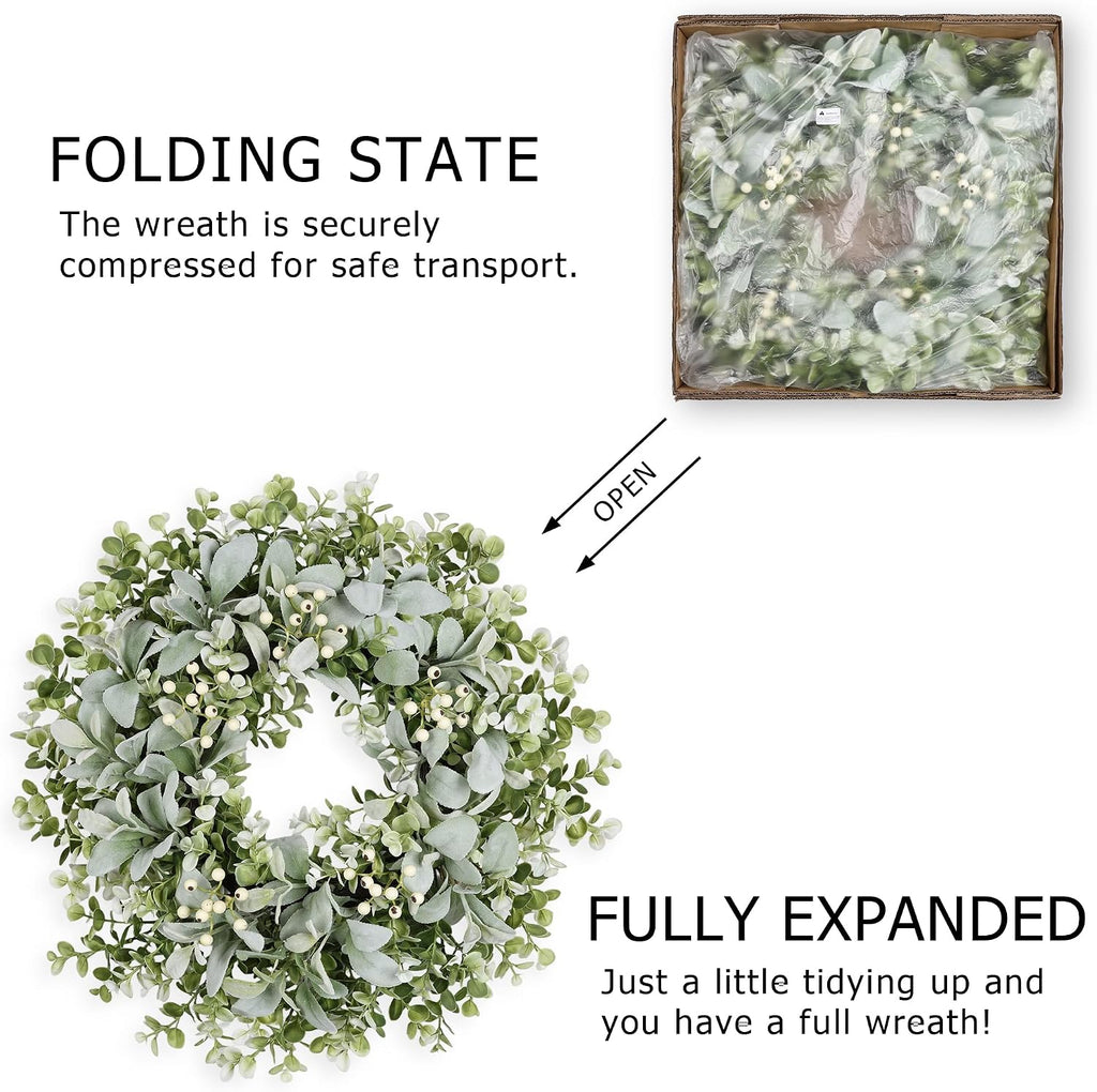 26 Inch Large Lambs Ear Wreaths for Front Door Spring Summer Lambs Leaves with White Berries, Artificial Greenery
