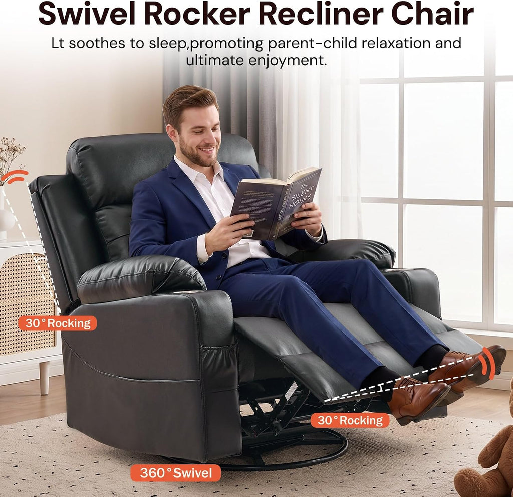 Oversized Recliner Chair, 360° Swivel Rocker Recliner for Adults, Recliner Chair with Heat and Massage, Manual
