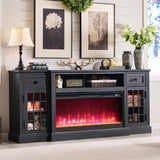 80 Inch Farmhouse Fireplace TV Stand for TVs, Entertainment Center with 36 Inch Electric Fireplace, LED Lights, Storage Drawers and Cabinets, Black