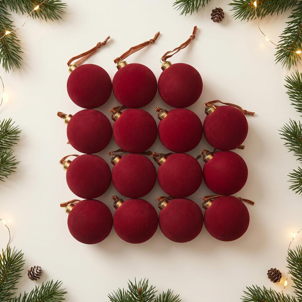 Red Velvet Christmas Decorations Balls, 2.65 Inch Christmas Ornaments Decor, Dark Red Flocked Ball for Family - Set of 15
