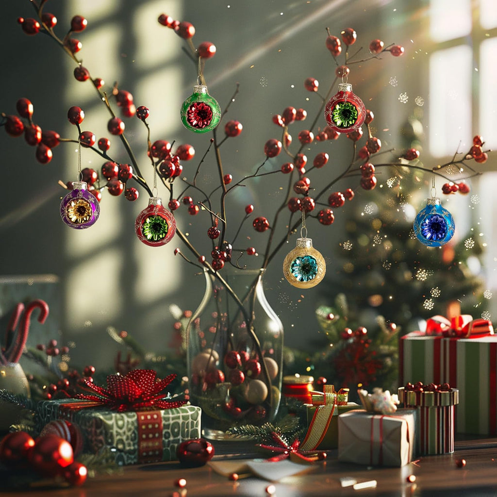 Christmas Glass Reflector Ball Ornament, 1.6'' Hanging Decoration - Set of 9