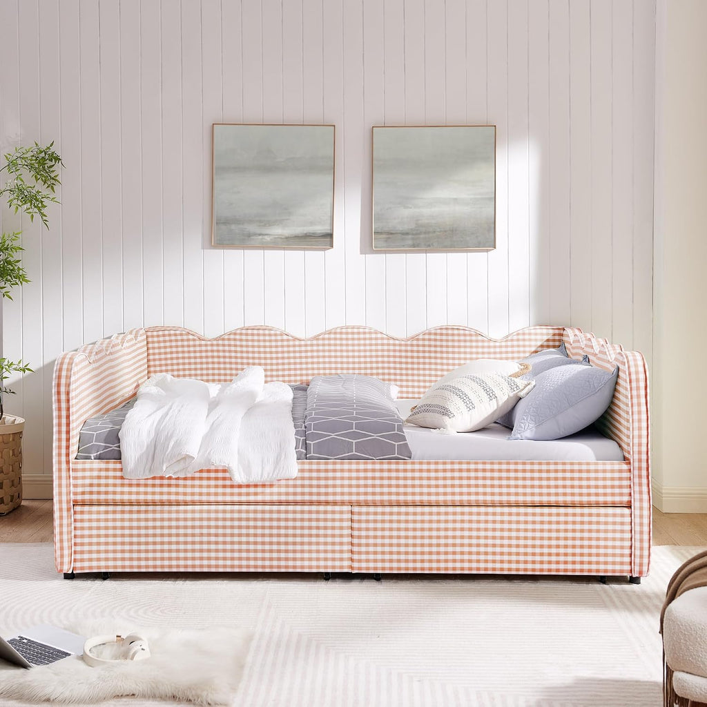 Daybed Queen Size with Two Storage Drawers,Gingham Upholstered Day Bed Frame Queen with USB Port & Wave Shaped