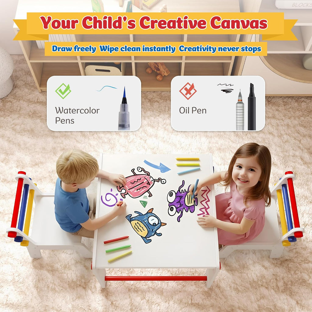 Wooden Kids Table & Chair, Graffiti Desktop & Storage, Multicolor