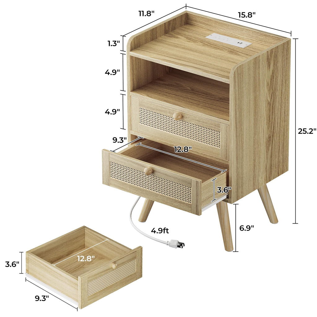 Night Stand with Charger Station, Boho Rattan Nightstand Set of 2