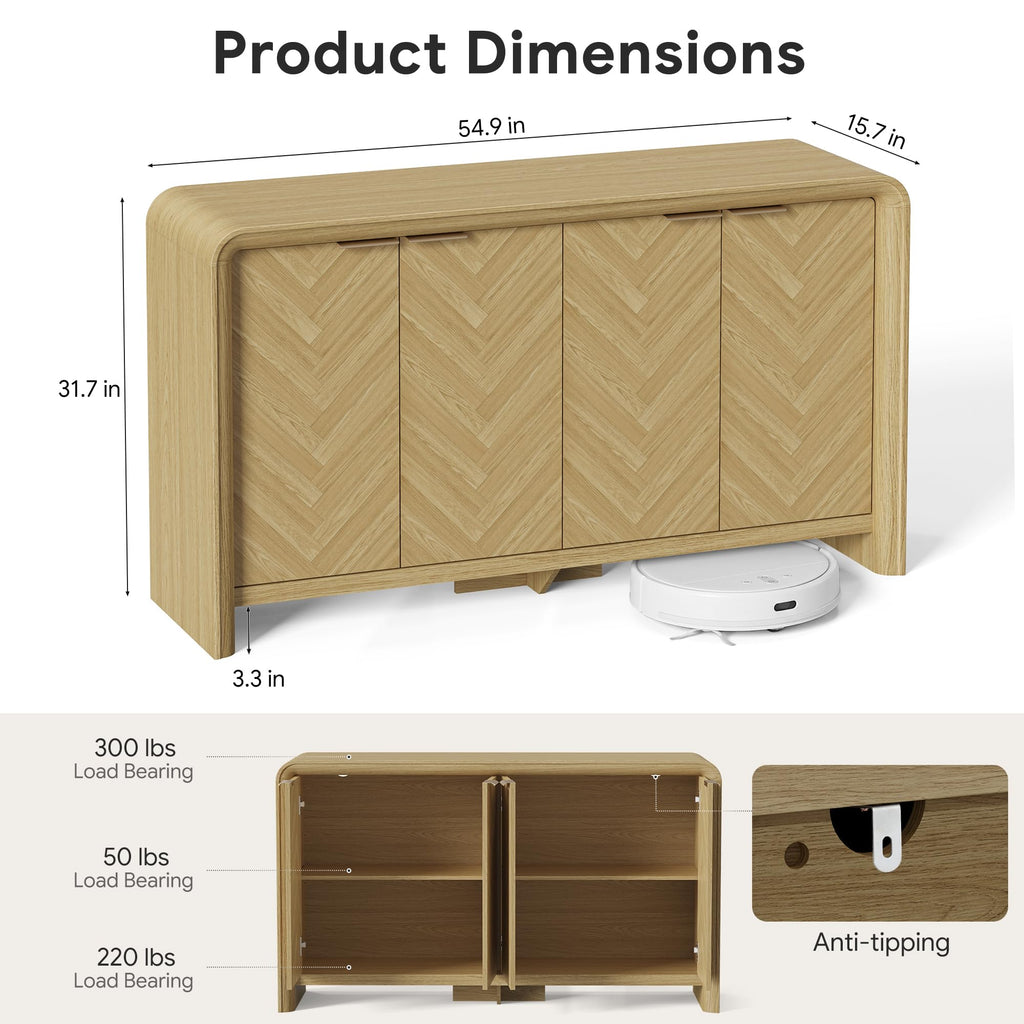 55" Buffet Cabinet with Storage, Herringbone Sideboard Cabinet, Oak