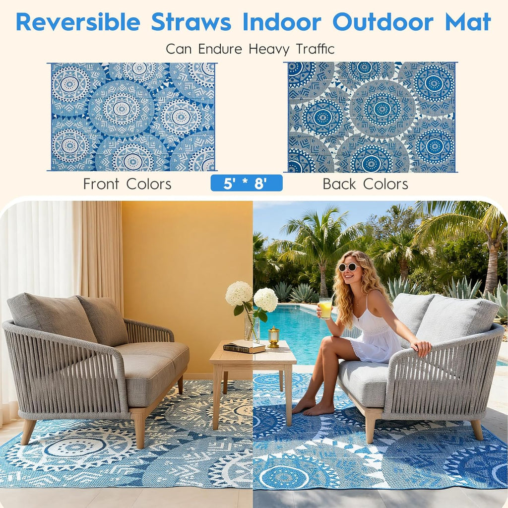 Outdoor Patio Rug - Waterproof Reversible Plastic Straw Mat, UV Resistant & Easy Clean, Foldable Camping Carpet