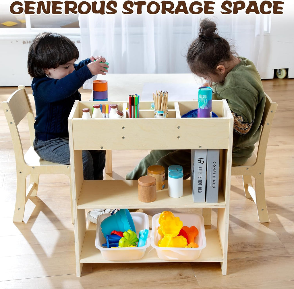 Kids Art Table and Chair Set, Birch Wooden Activity Craft Table, Kids Drawing Table, Toddler Desk with Storage and 1