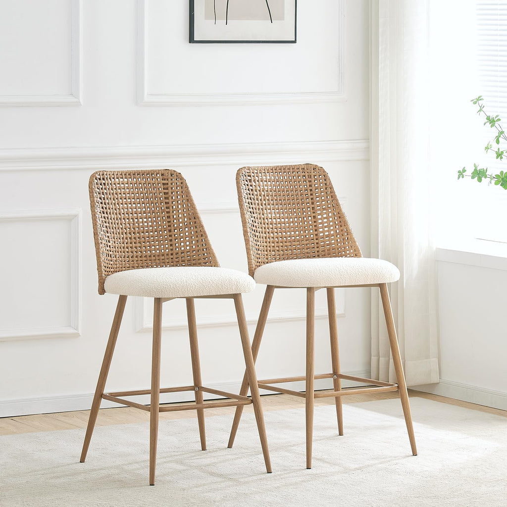 Rattan Bar Stools Set of 2, Modern Upholstered Counter Height Bar Stools with PE Rattan Back, 26" H Seat Height Bar